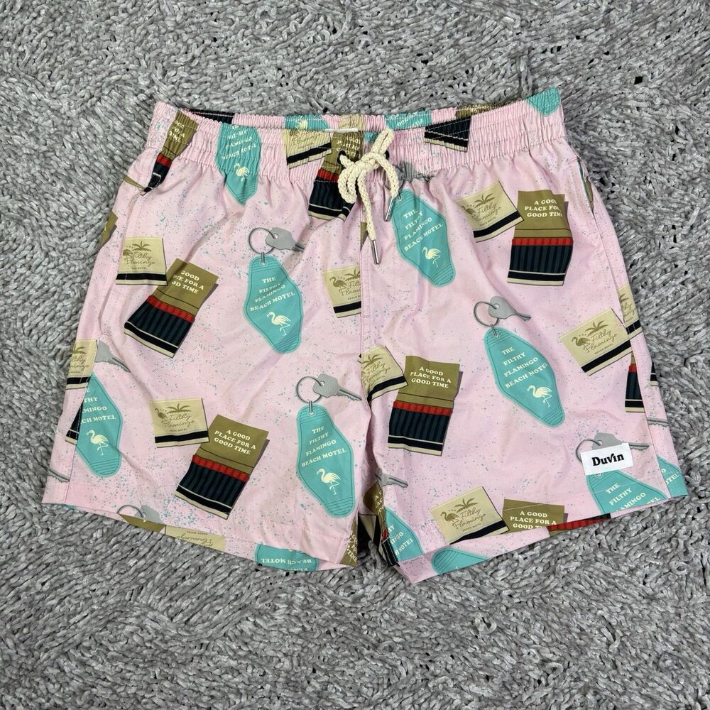 Duvin Swim Trunk Mens Medium Multicolor Pink Graphic Print Beach Summer Flamingo